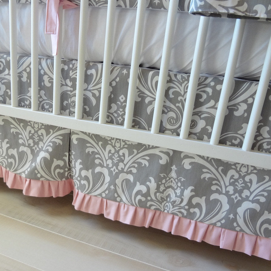Pink and Gray Damask Crib baby bedding set