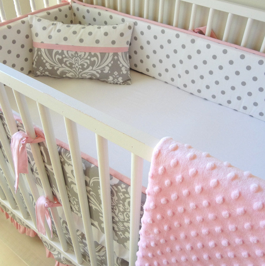 Pink and Gray Damask Crib baby bedding set