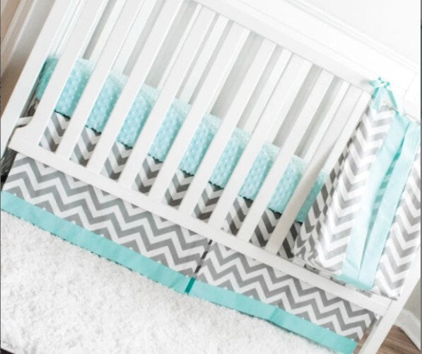 Baby crib bedding. Gray Chevron Aqua Crib girl boy Bedding Nursery