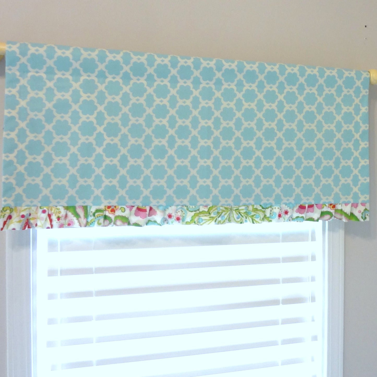 Kumari Tailored Valance with accent ruffle. Available in other fabrics.