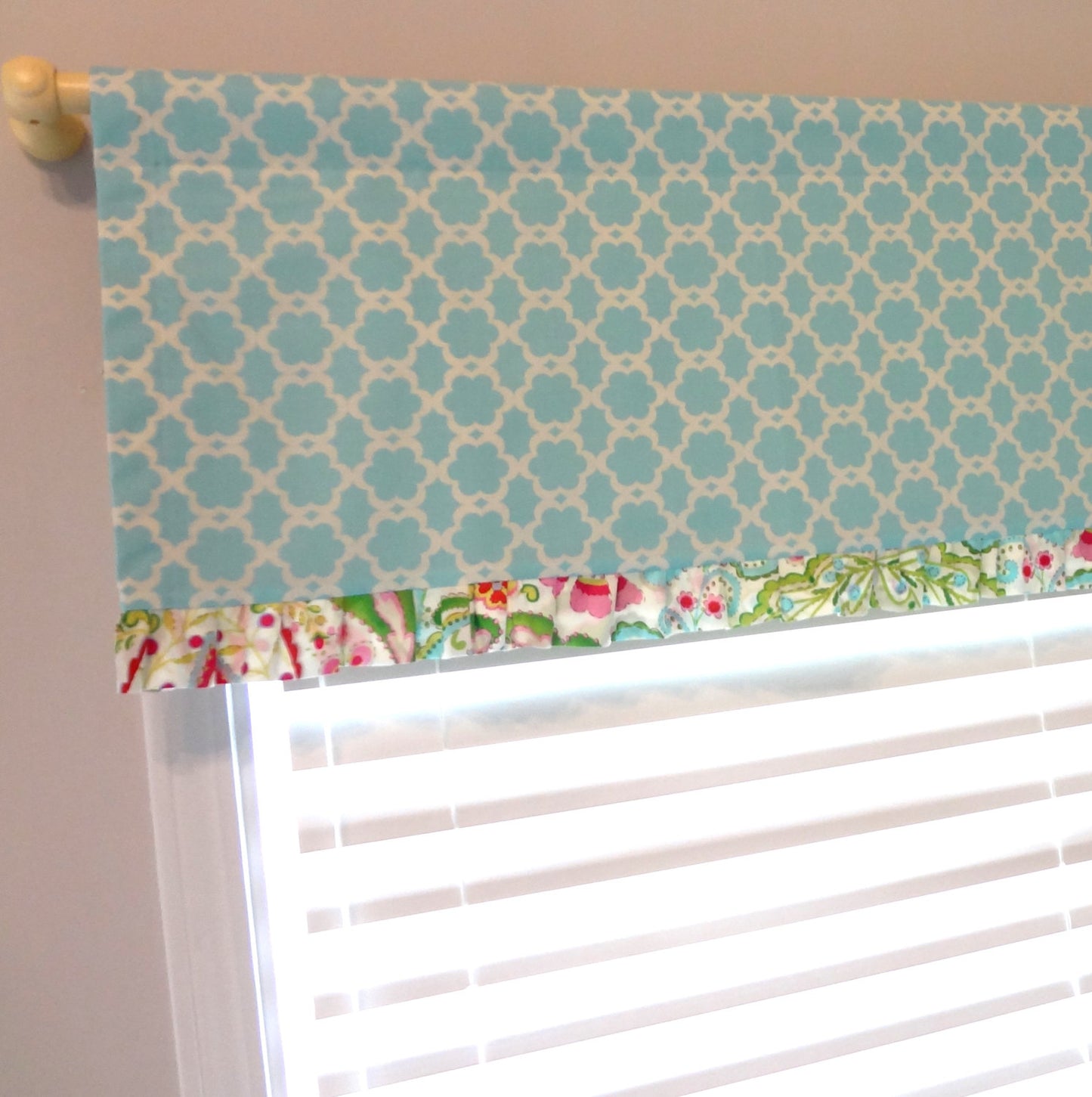 Kumari Tailored Valance with accent ruffle. Available in other fabrics.