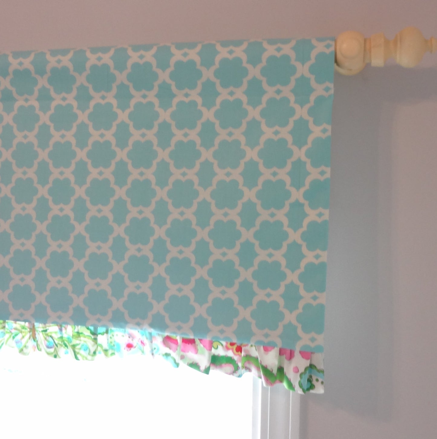 Kumari Tailored Valance with accent ruffle. Available in other fabrics.