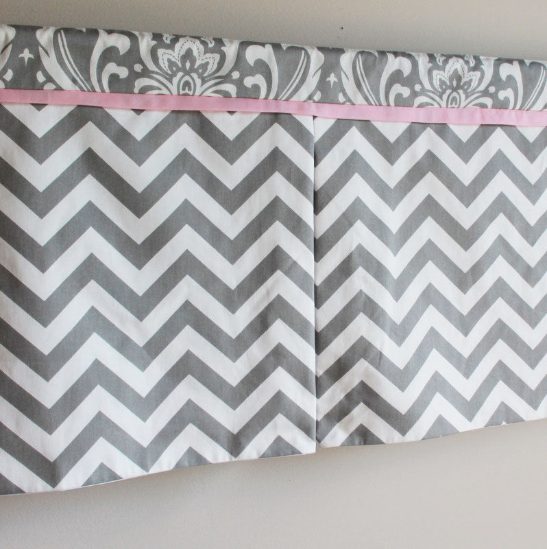 Gray Chevron Damask with Accent pink Box pleat valance