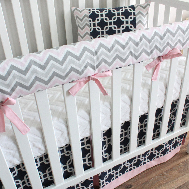 Navy Blue and Pink Girl Bumperless Crib bedding set