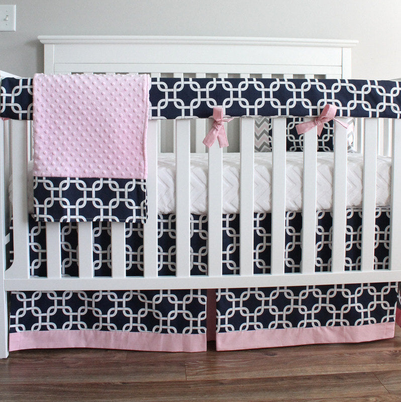 Navy Blue and Pink Girl Bumperless Crib bedding set