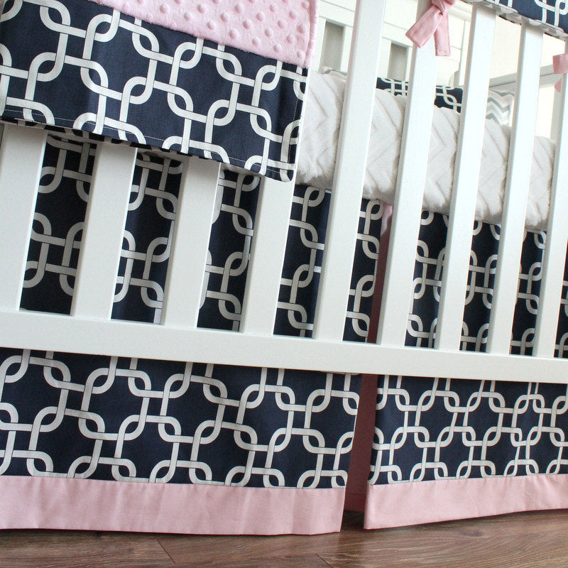 Navy Blue and Pink Girl Bumperless Crib bedding set