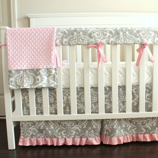 Gray & Pink Damask Crib Rail Bedding set.