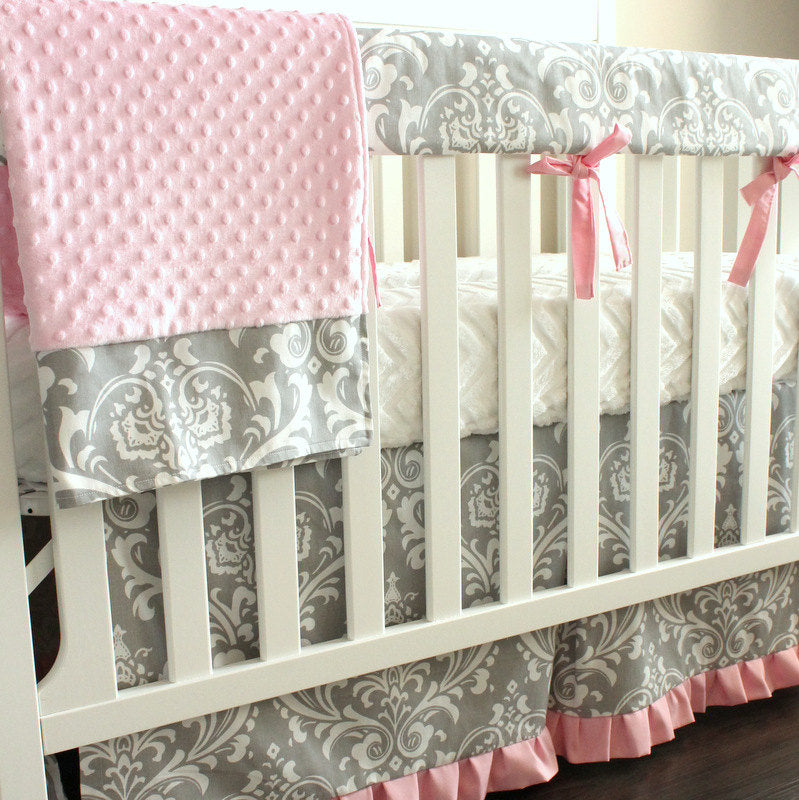 Gray & Pink Damask Crib Rail Bedding set.