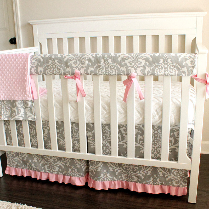 Gray & Pink Damask Crib Rail Bedding set.