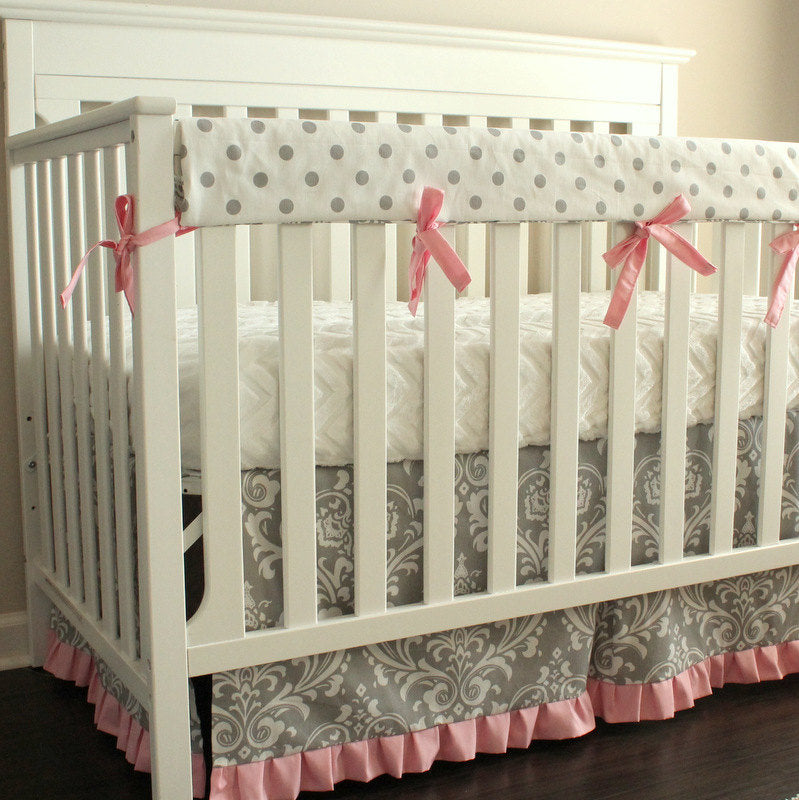 Gray & Pink Damask Crib Rail Bedding set.