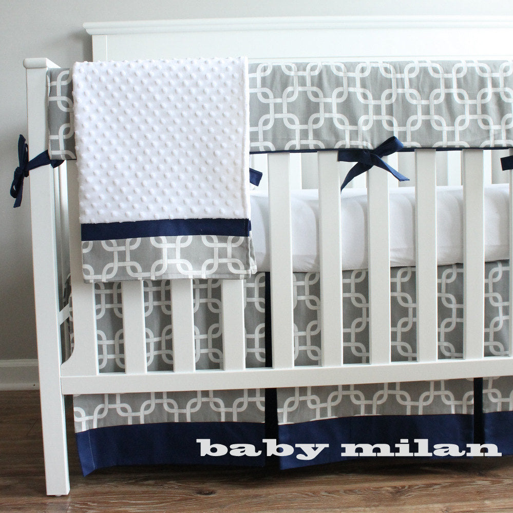 Navy Blue and Gray Crib Rail Bedding Set