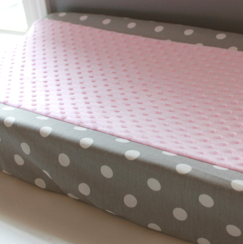 Custom White and Gray polka dot contour cover with accent minky.