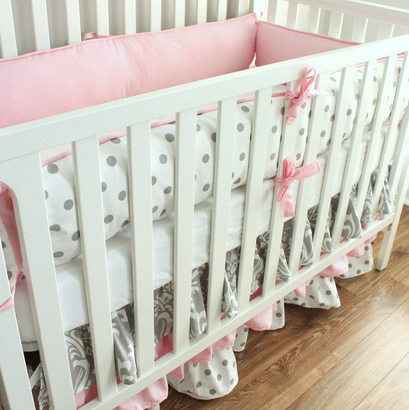 Pink and Gray Damask Crib Bedding set with 3 Tiered skirt