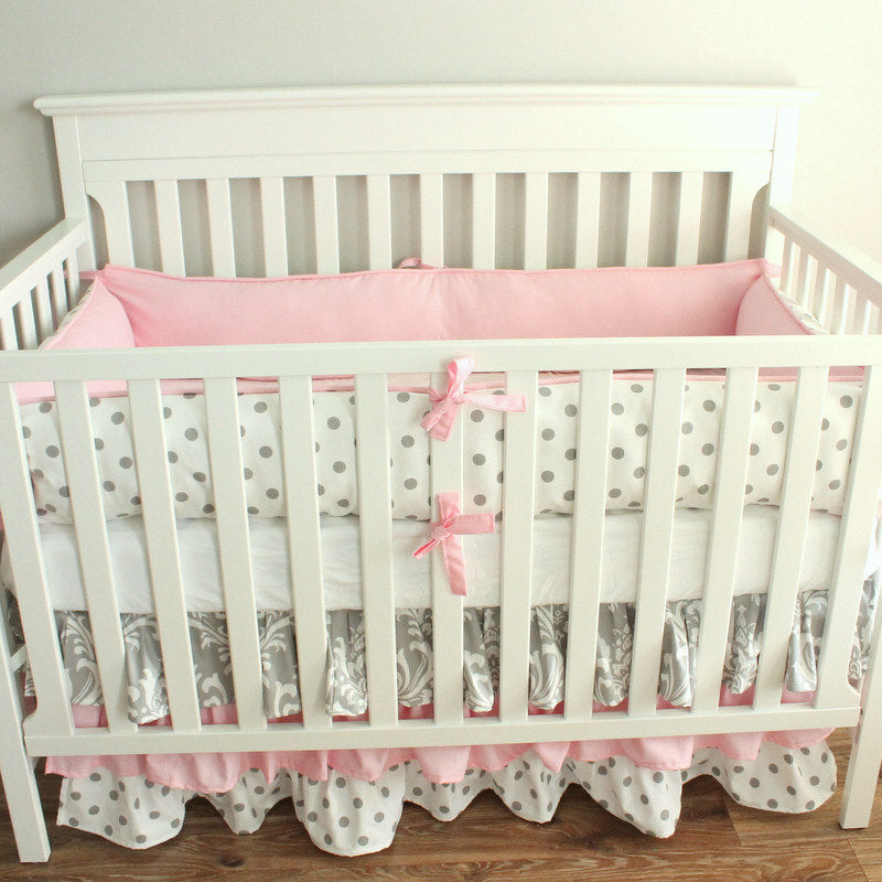 Pink and Gray Damask Crib Bedding set with 3 Tiered skirt