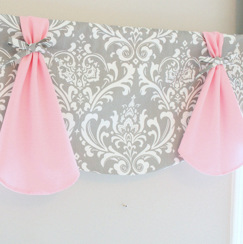 Pink and Gray Damask Crib Bedding set with 3 Tiered skirt