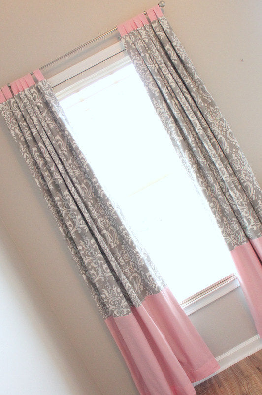 Pink and Gray Damask Crib Bedding set with 3 Tiered skirt