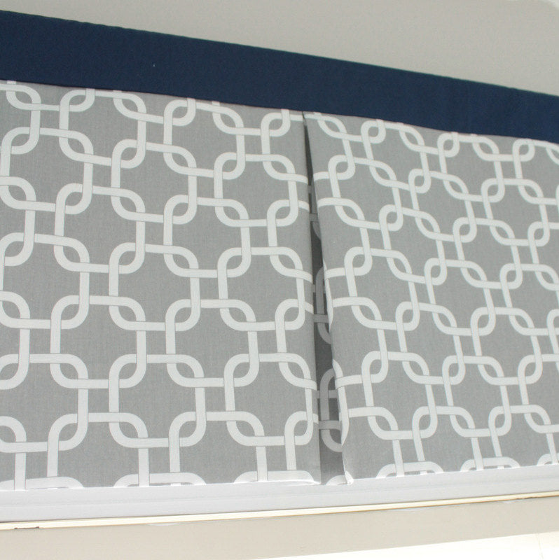 Custom nursery Gray Gotcha Box Pleat valance with Navy accent. Available in other collections.