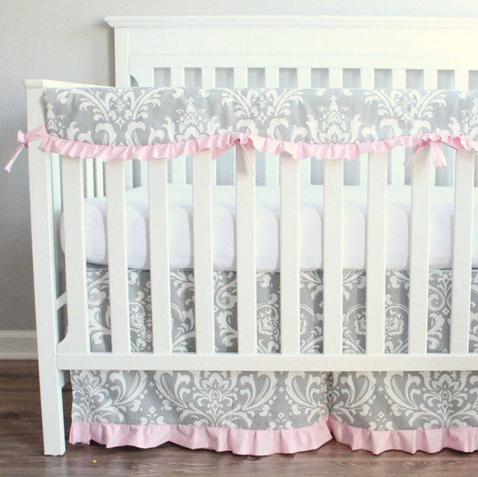 Gray Pink Damask Scallop ruffled Crib Rail Bedding set.