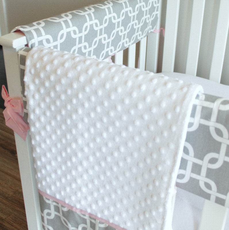 Bumperless Gray & Pink Gotcha Crib Rail Bedding set.