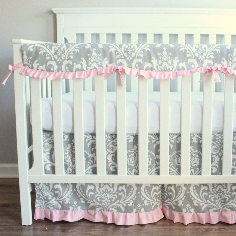 Pink and Gray Damask Custom Drapery Panels 84" long. Other colors available