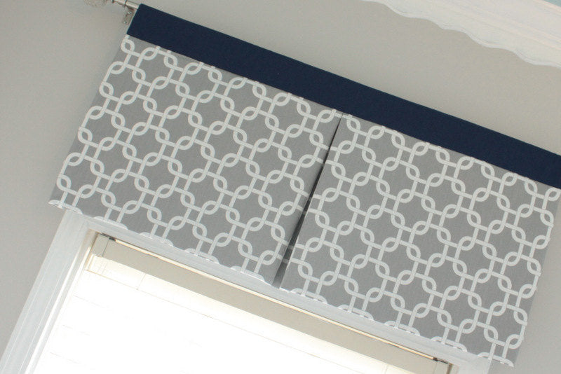 Custom nursery Gray Gotcha Box Pleat valance with Navy accent. Available in other collections.