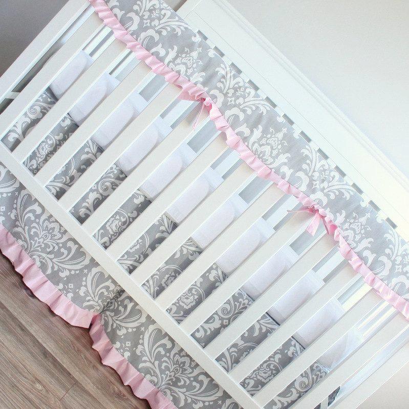 Gray Pink Damask Scallop ruffled Crib Rail Bedding set.