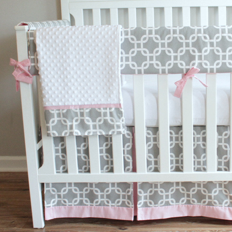 Bumperless Gray & Pink Gotcha Crib Rail Bedding set.