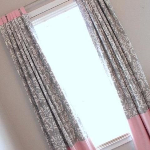Pink and Gray Damask Custom Drapery Panels 84" long. Other colors available