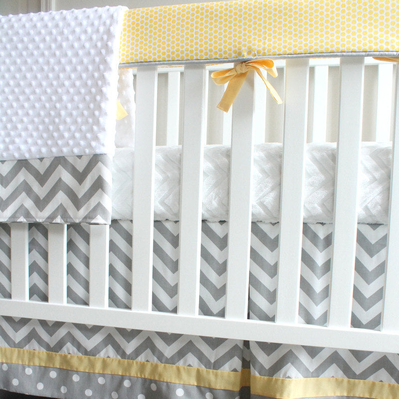 Chevron Gray and yellow bumperless crib rail bedding collection.