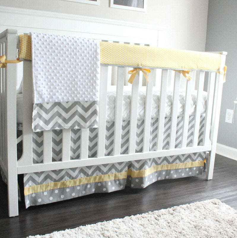 Chevron Gray and yellow bumperless crib rail bedding collection.