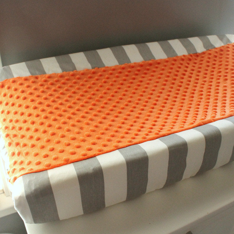 Gray & white stripe with accent orange minky Contour Changing pad cover.