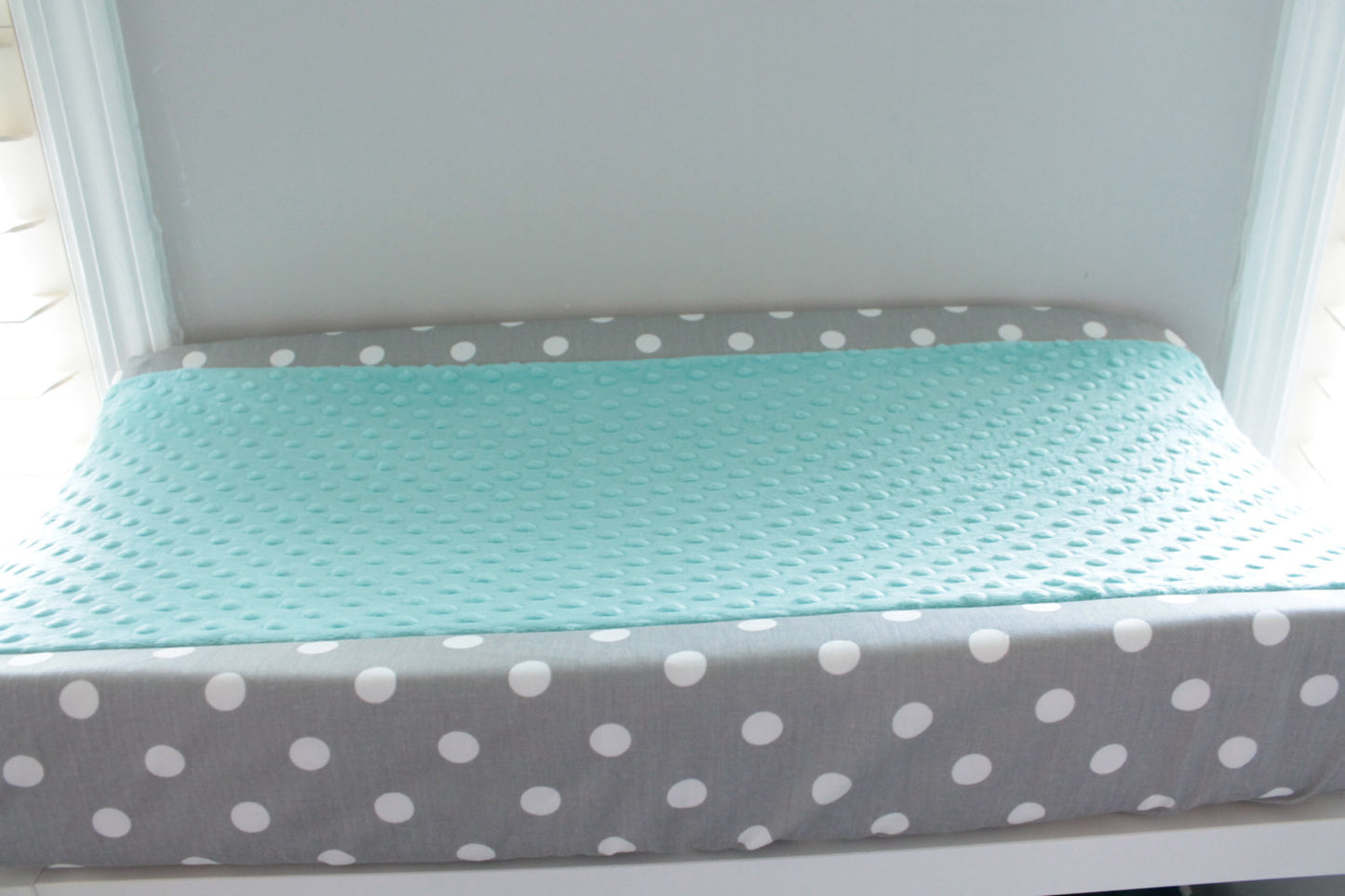 Custom White and Gray polka dot contour cover with accent minky.