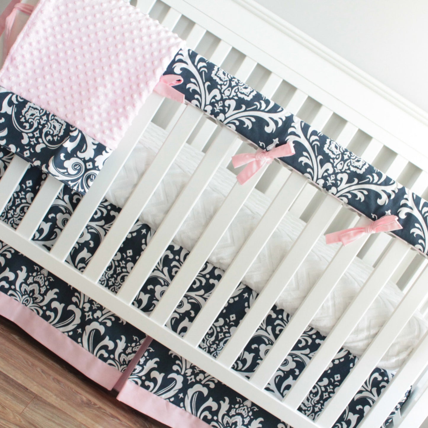 Navy Blue Gotcha and Pink Box Pleat valance. Available in other collections.