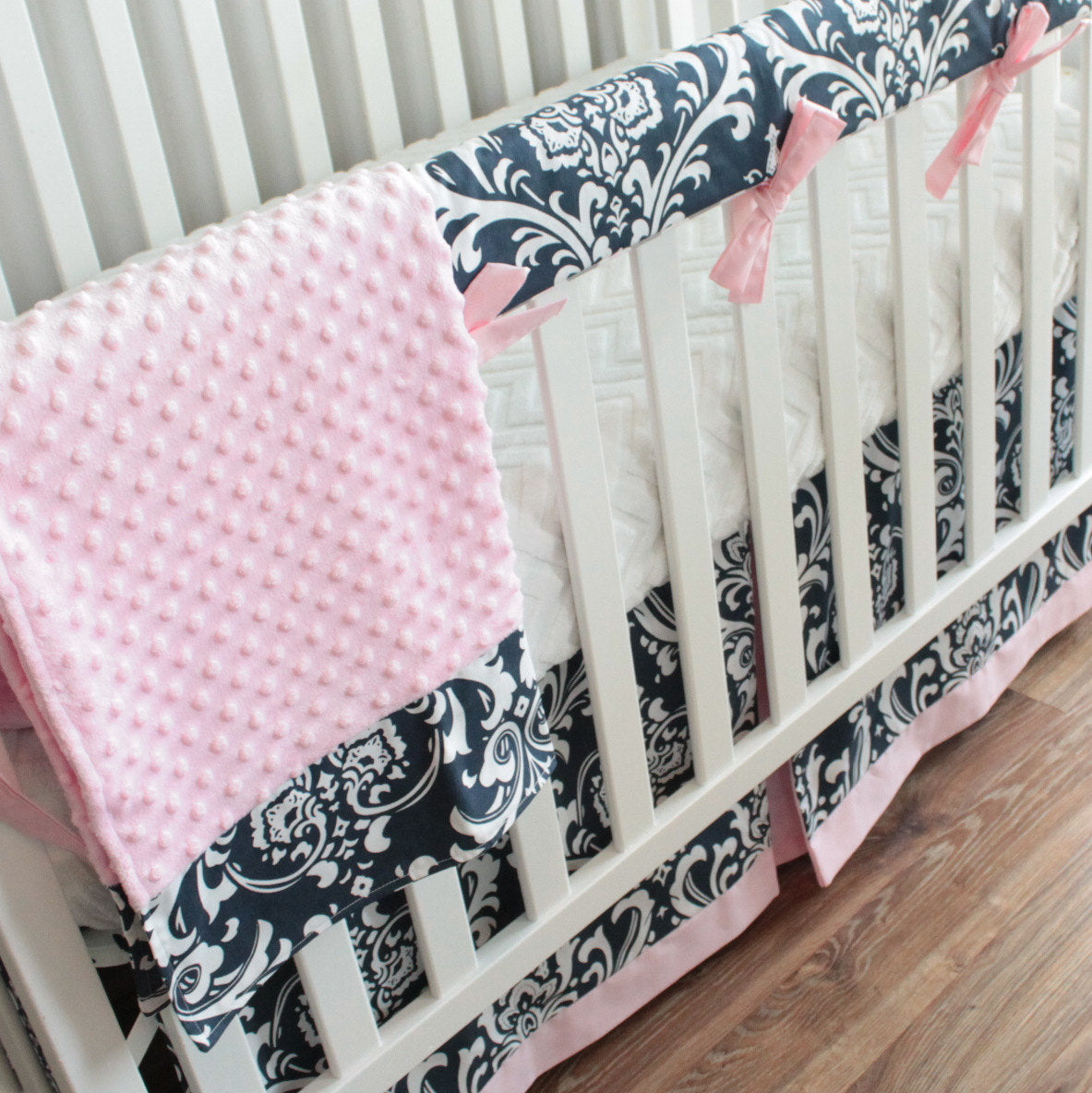 Navy Blue Damask and Pink Girl Bumperless Crib bedding set