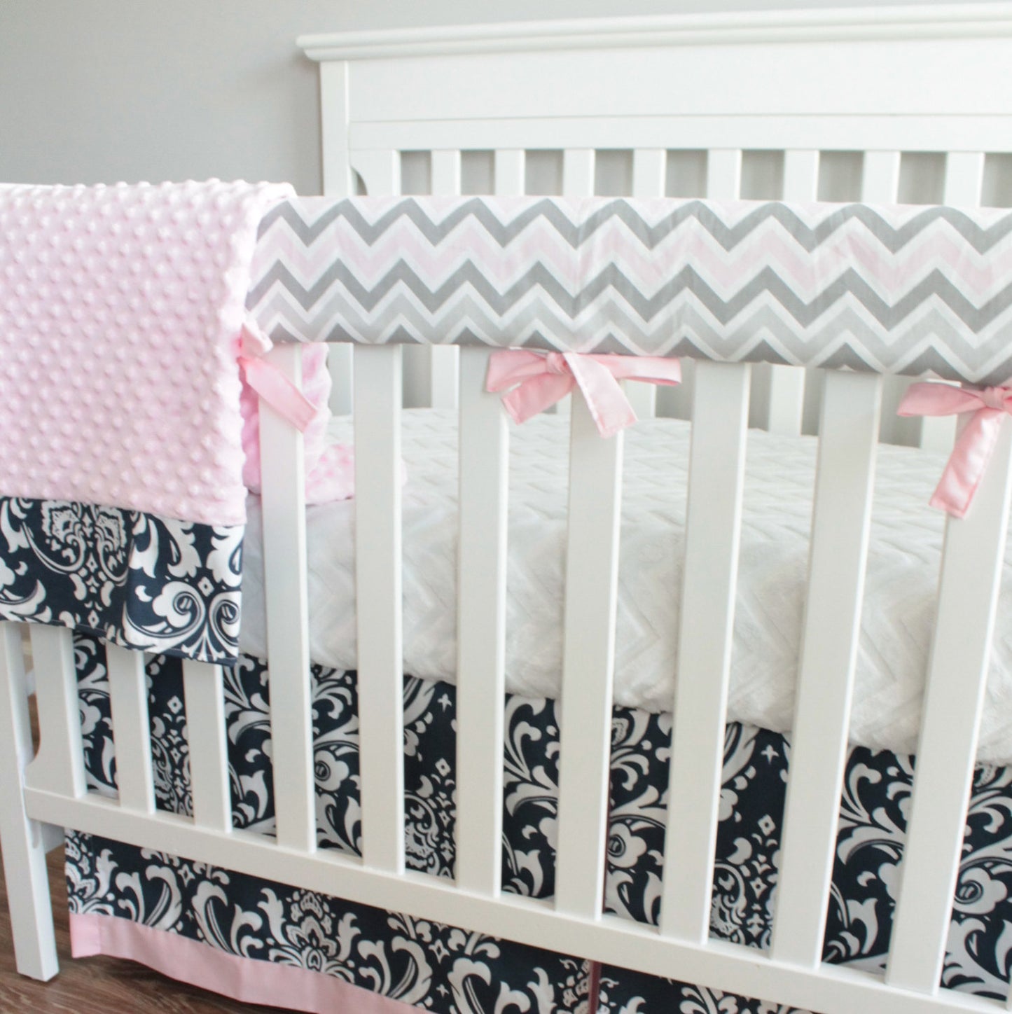 Navy Blue Damask and Pink Girl Bumperless Crib bedding set