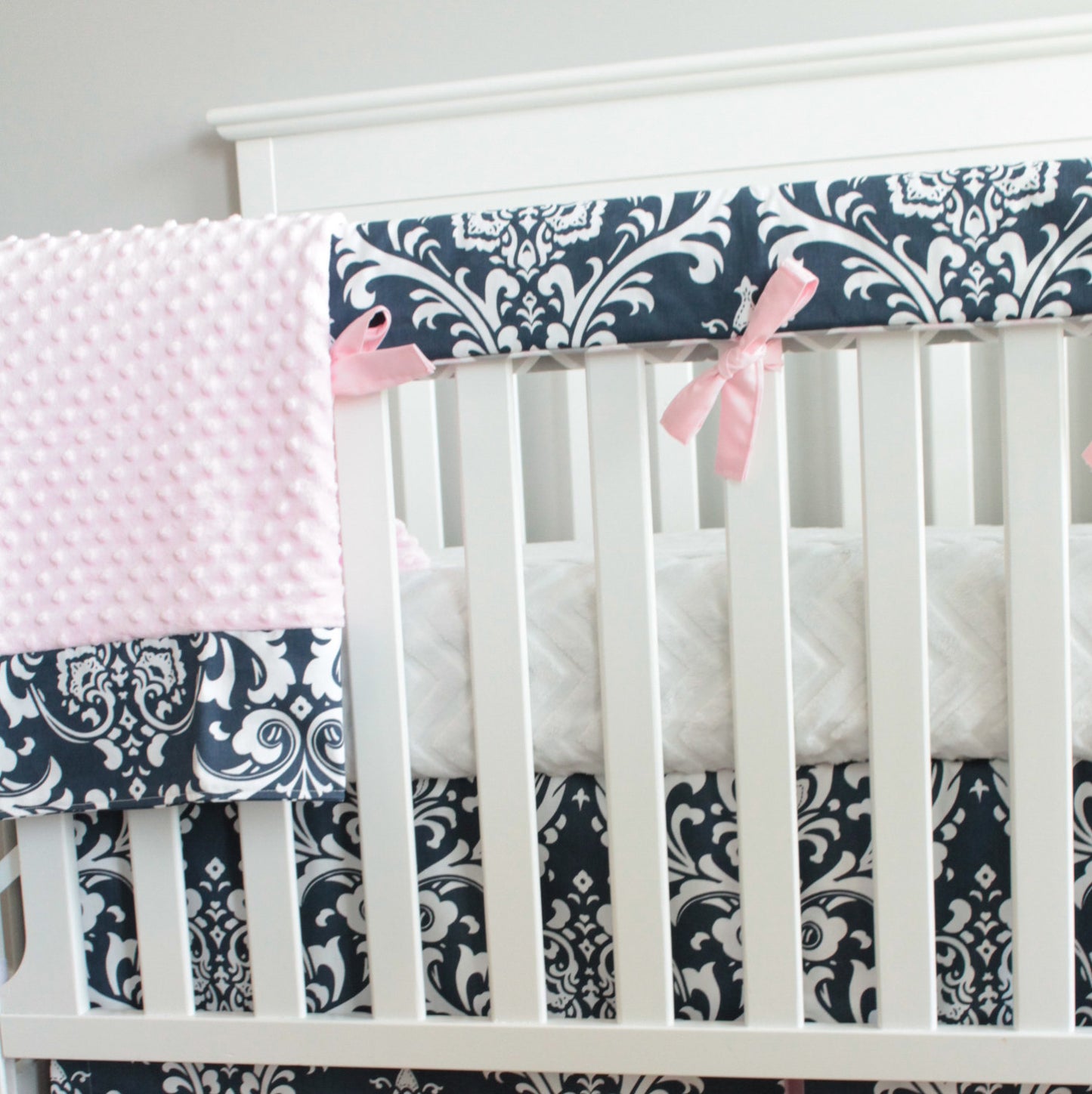 Navy Blue Damask and Pink Girl Bumperless Crib bedding set