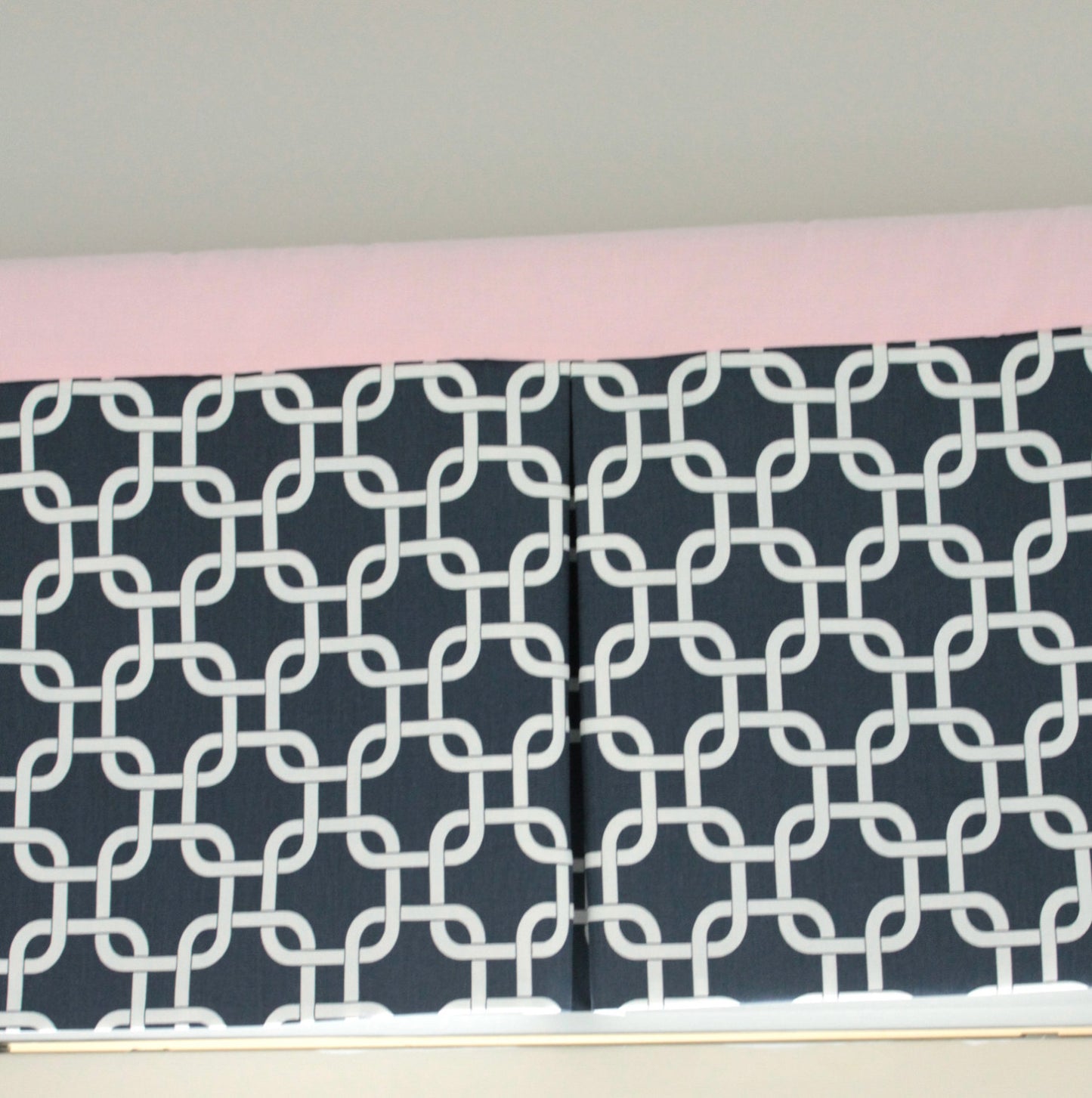 Navy Blue Gotcha and Pink Box Pleat valance. Available in other collections.