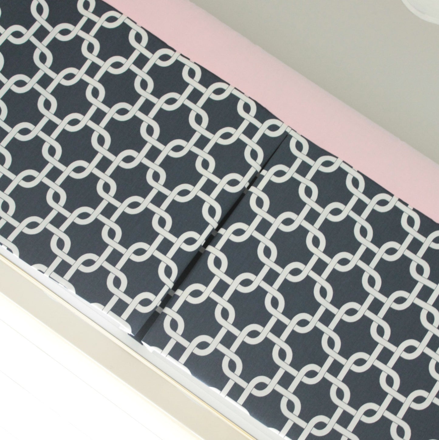 Navy Blue Gotcha and Pink Box Pleat valance. Available in other collections.