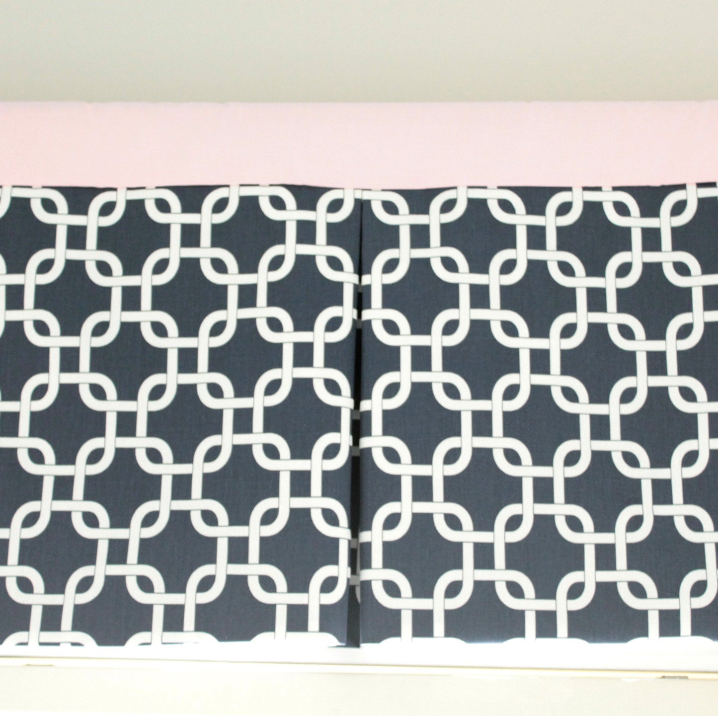 Navy Blue Gotcha and Pink Box Pleat valance. Available in other collections.
