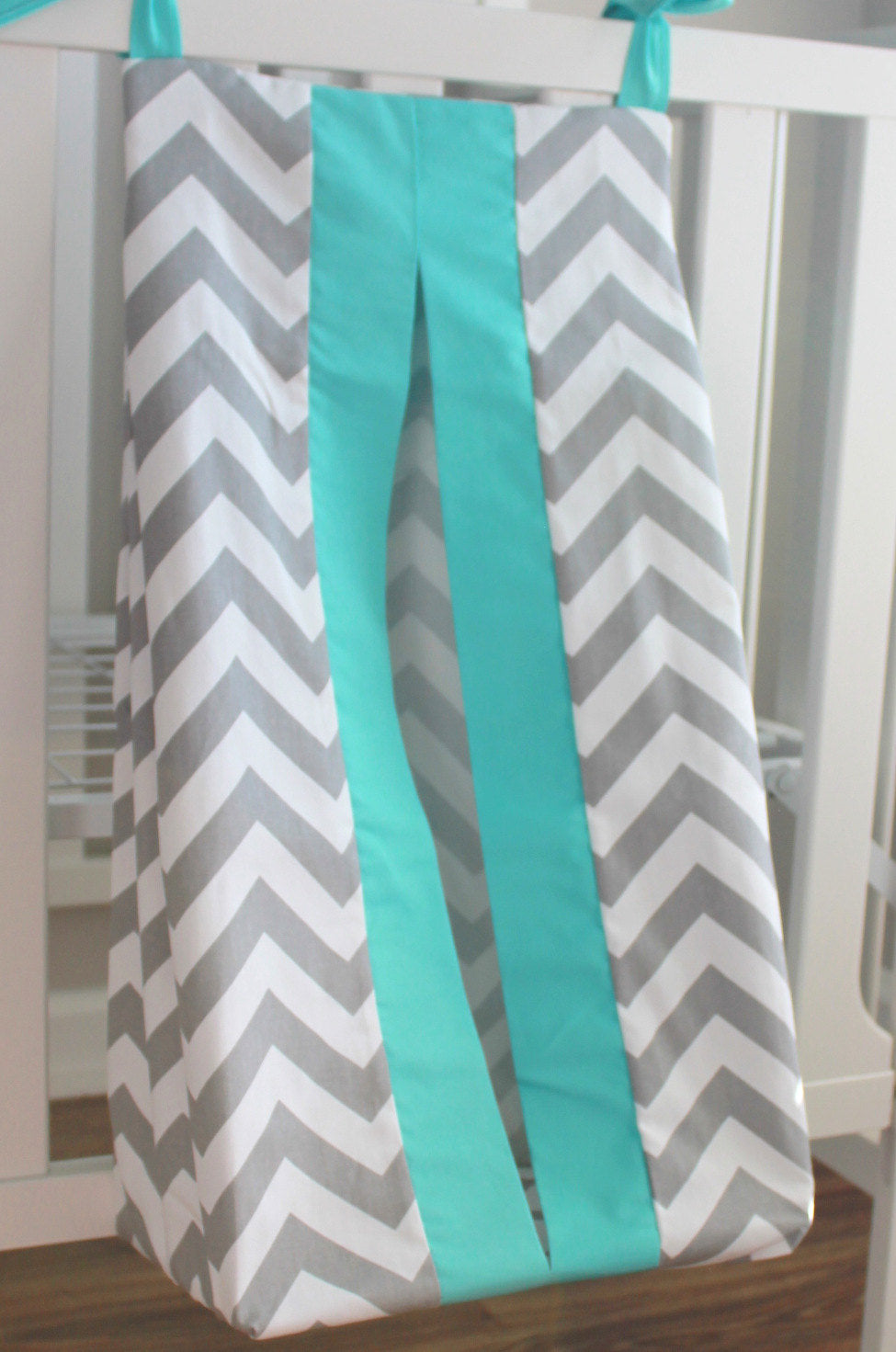 Gray Chevron with accent Aqua Diaper Stacker. Other colors available.