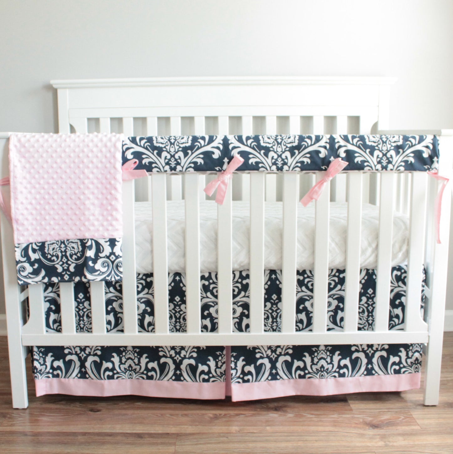 Navy Blue Damask and Pink Girl Bumperless Crib bedding set