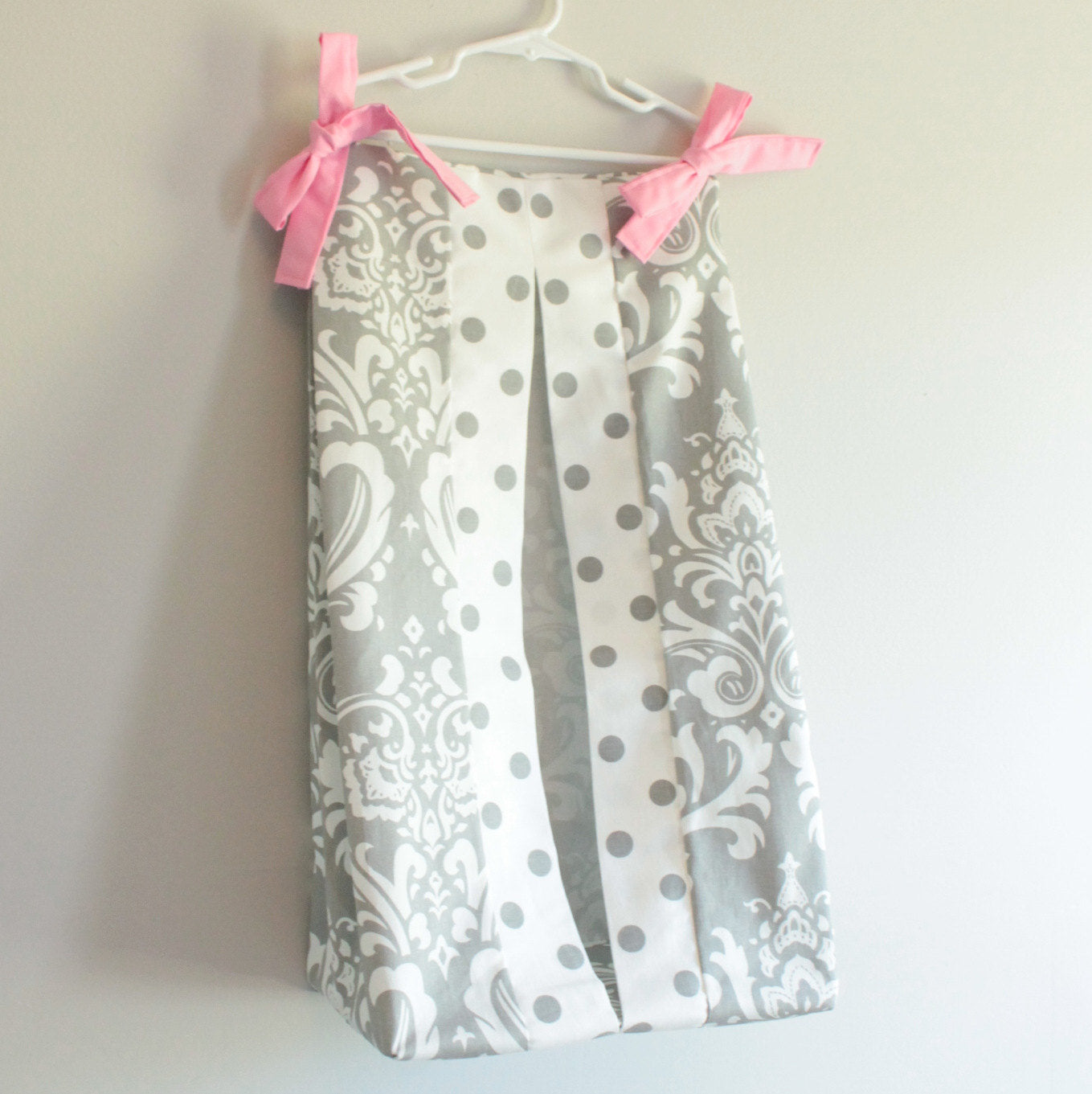 White and Gray Damask polka dot with accent pink Diaper Stacker holder