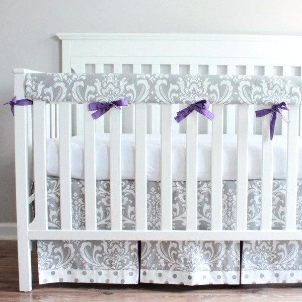 Gray & Purple Damask Crib Rail Bedding set.