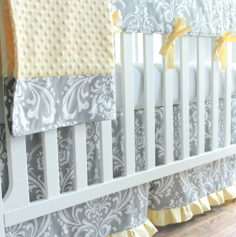 Gray & Yellow Damask Crib Rail Bedding set.
