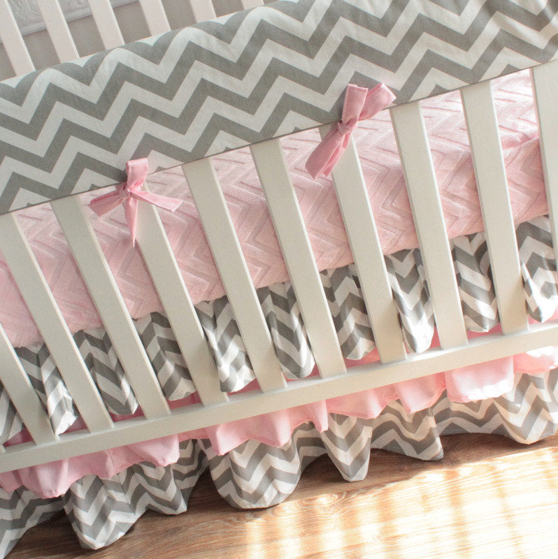 Gray Chevron Pink Bumperless Crib Rail Bedding Set
