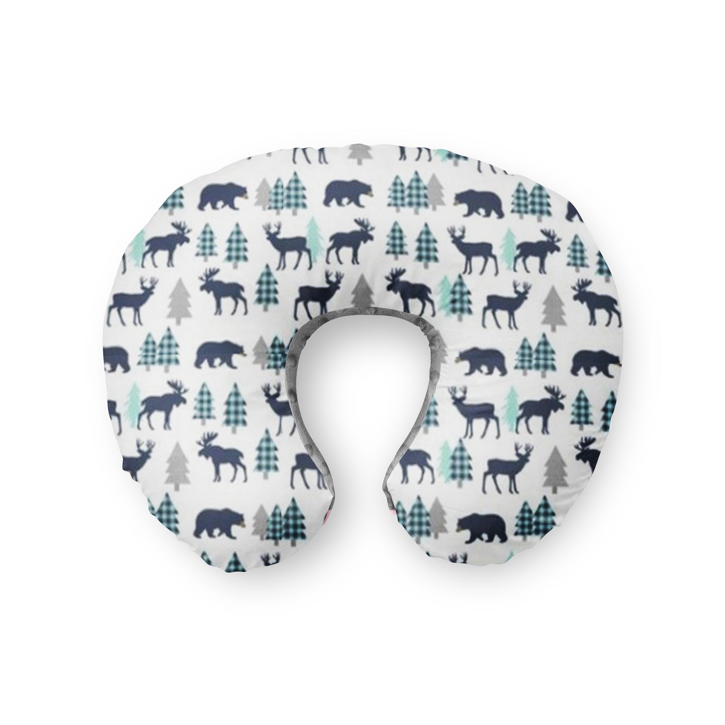 Nursing pillow cover. Moose Bear Woodland Pine Tree Buffalo Mint Navy Blue baby nursery