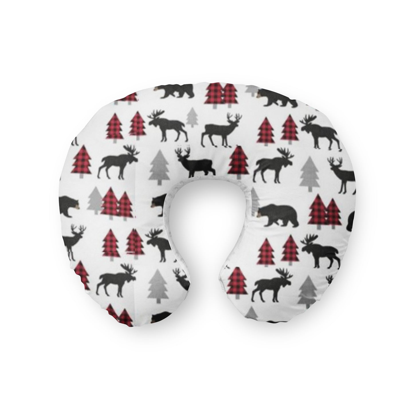 Nursing pillow cover. Moose Bear Woodland Pine Tree Buffalo Check Red Black baby nursery