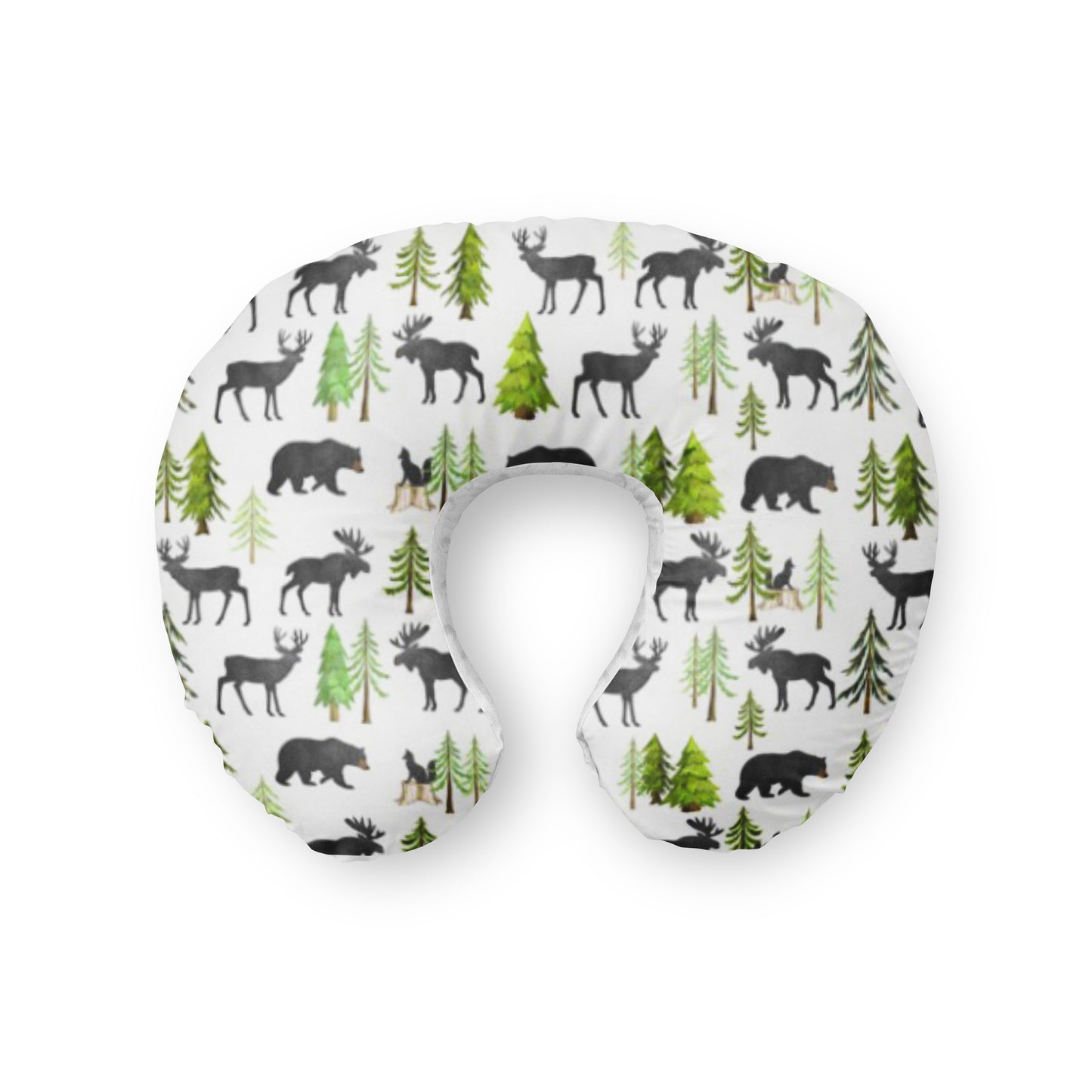 Nursing pillow cover. Moose Bear Fox Pine tree Woodland white black green baby nursery
