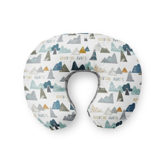 Nursing Pillow Cover. Adventure Awaits Mountain Woodland white blue baby nursery