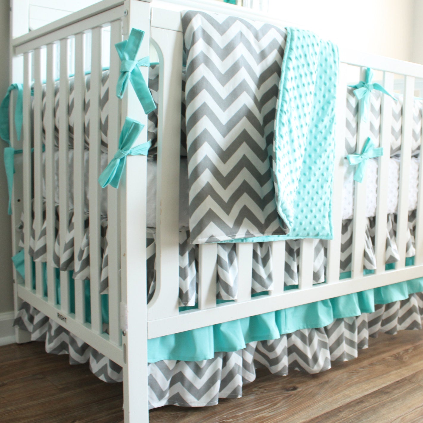 Gray Chevron Aqua Crib Bedding Set